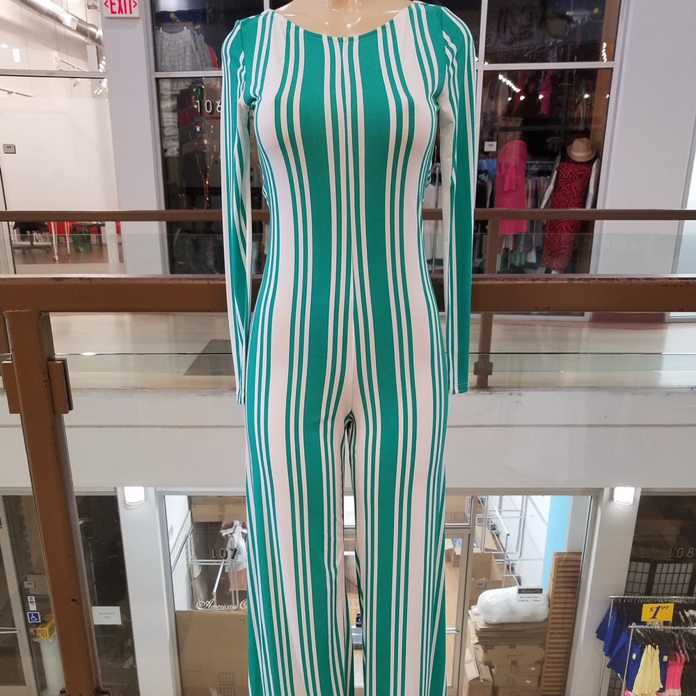 Micro spandex, striped jumpsuit with keyhole back S L
